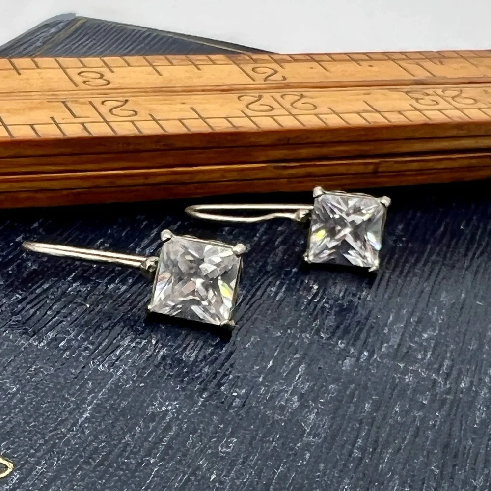 Simple artisan 925 silver shepherds hook rectangular clear rhinestone earrings